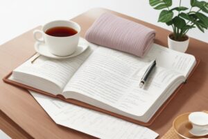 DreamShaper_v7_An_image_of_a_journal_a_cup_of_tea_and_cozy_bla_1
